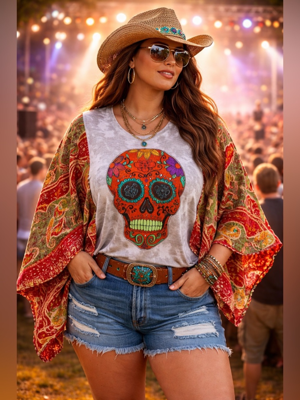 Sugar Skull Upcycled Kantha Sleeves Boho Poncho Kimono Pullover Top OSFM
